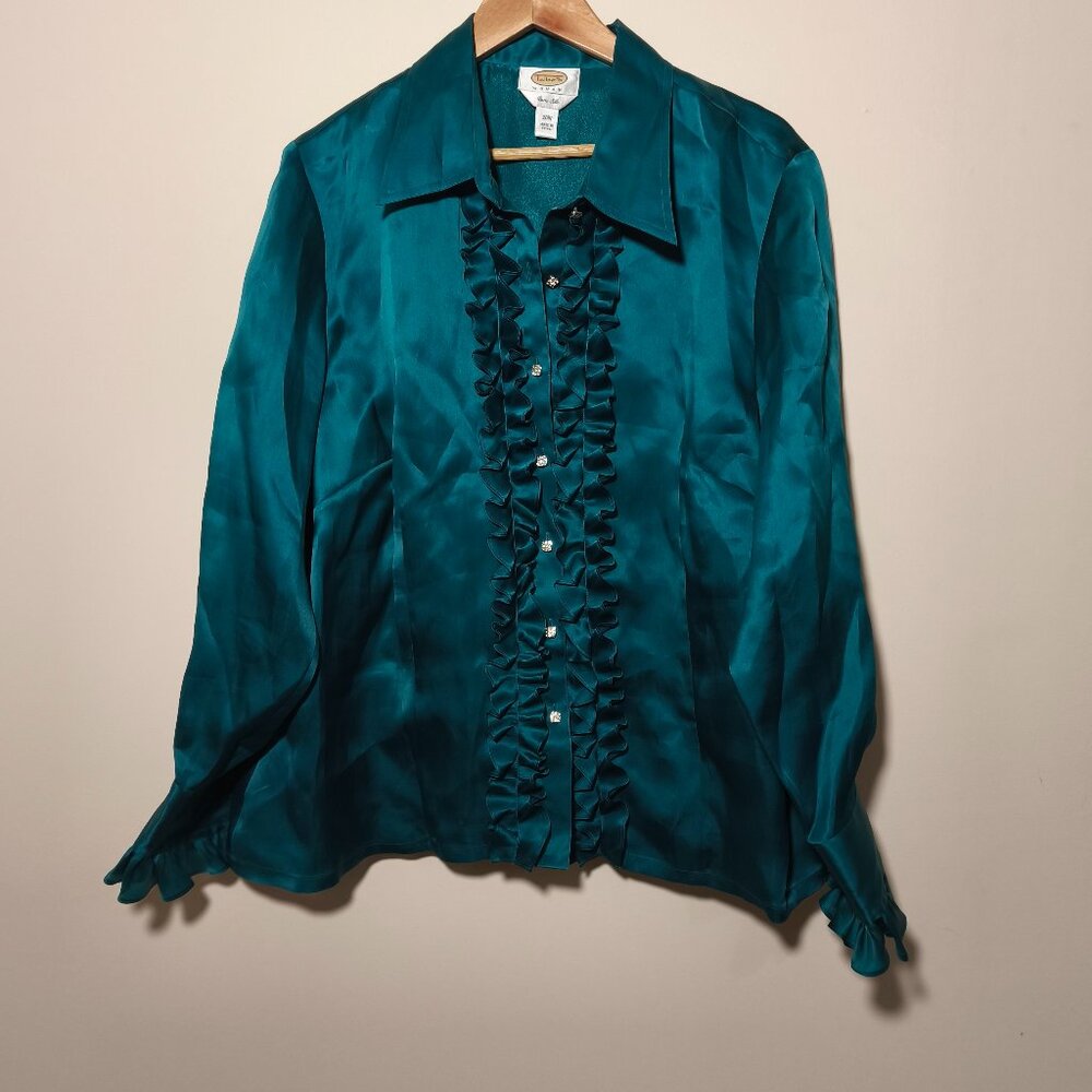 Talbots 100% Silk Organza Rhinestone Button Down Ruffle Blouse sz 20W Emerald